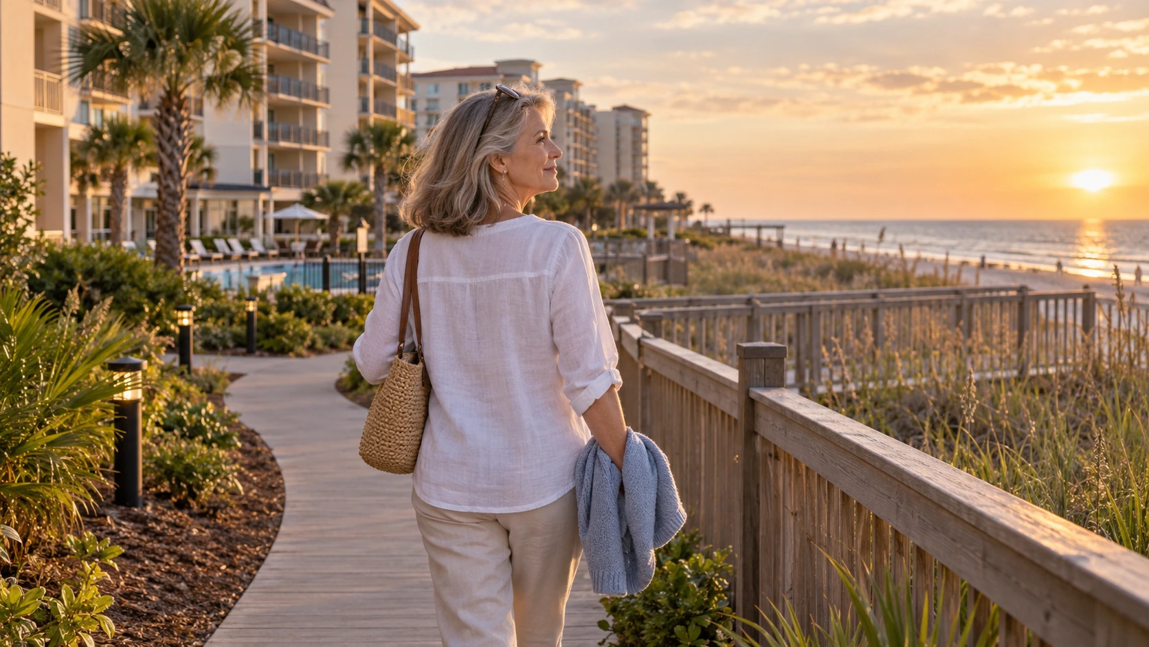 Woman walking along a beach resort boardwalk at sunset, reflecting on whether a Capital Vacations ownership still fits her travel plans.