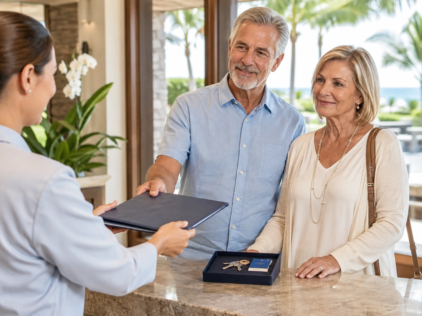 Older couple discussing a timeshare deed-back or surrender option with a resort representative.
