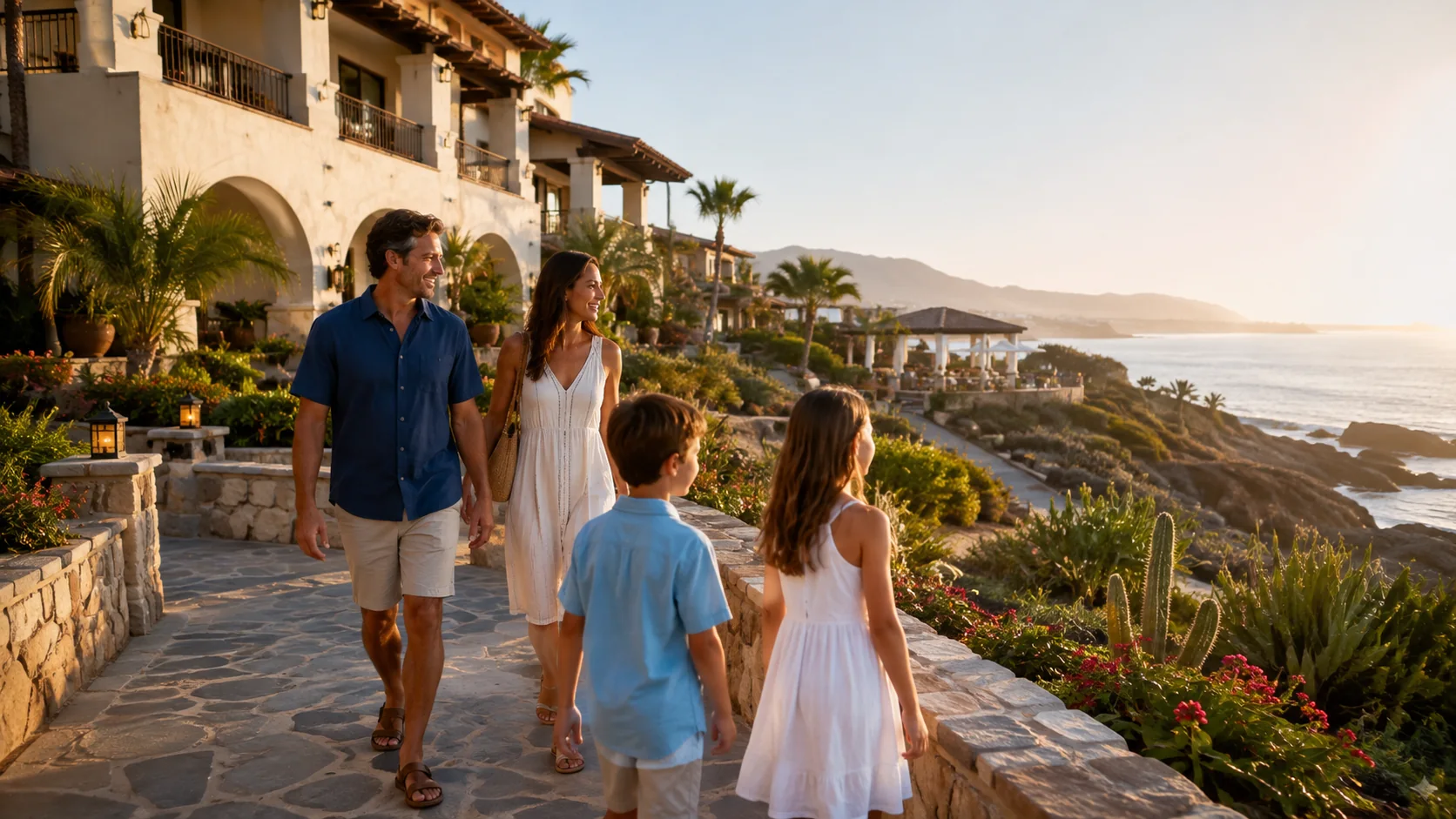 Family walking through a coastal resort at sunset while considering the vacation experience and value of timeshare ownership.