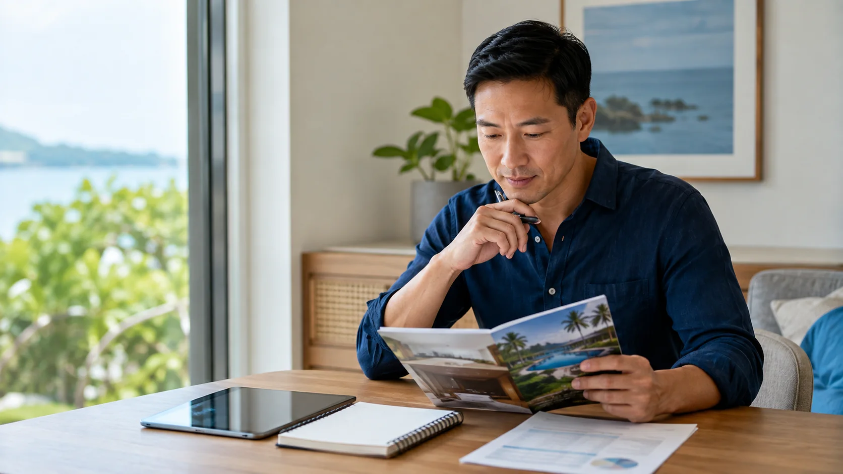 Asian American man reviewing resort information, notes, and ownership materials as part of a timeshare research process.