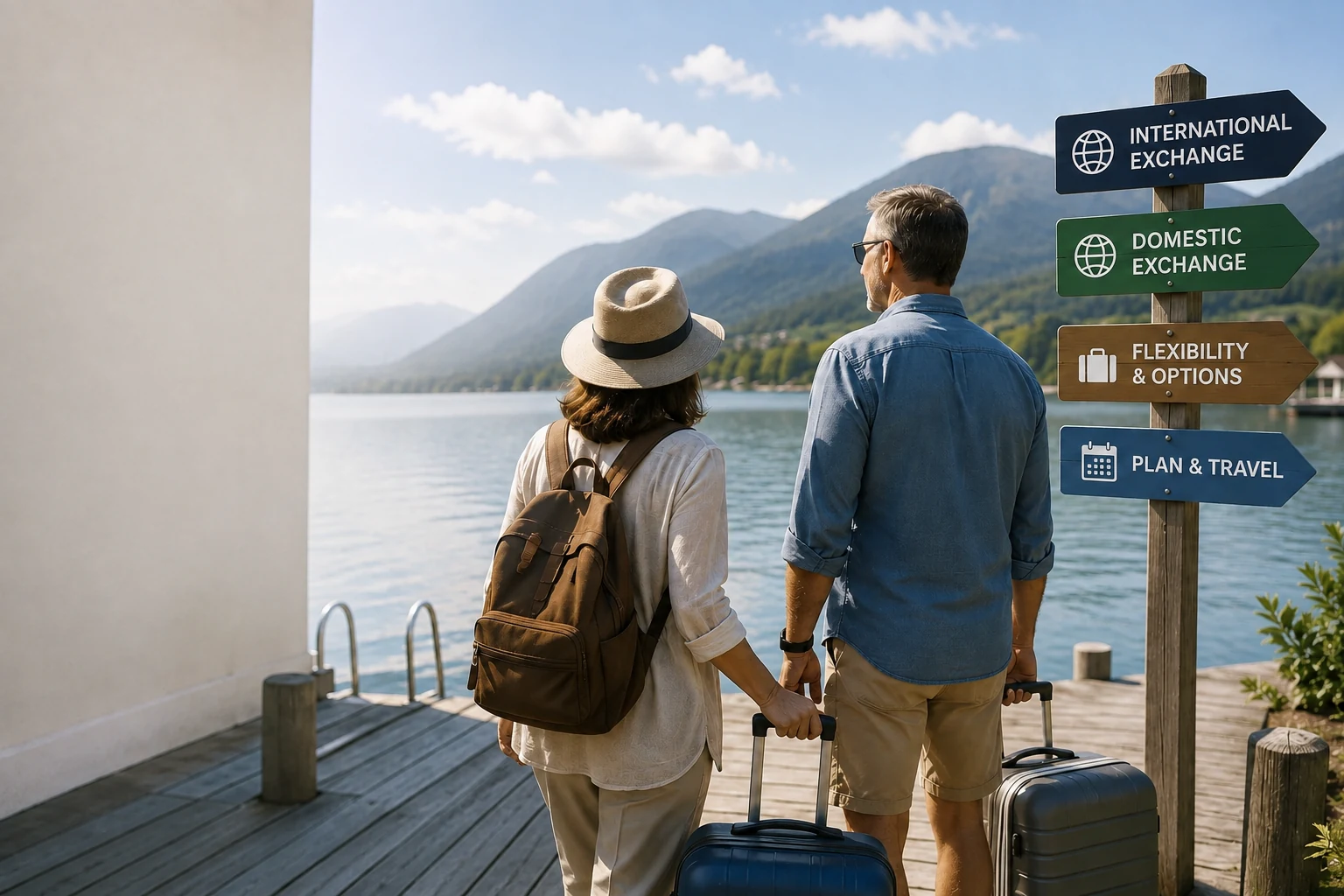 Couple with luggage beside a signpost showing international exchange, domestic exchange, flexibility and travel options.