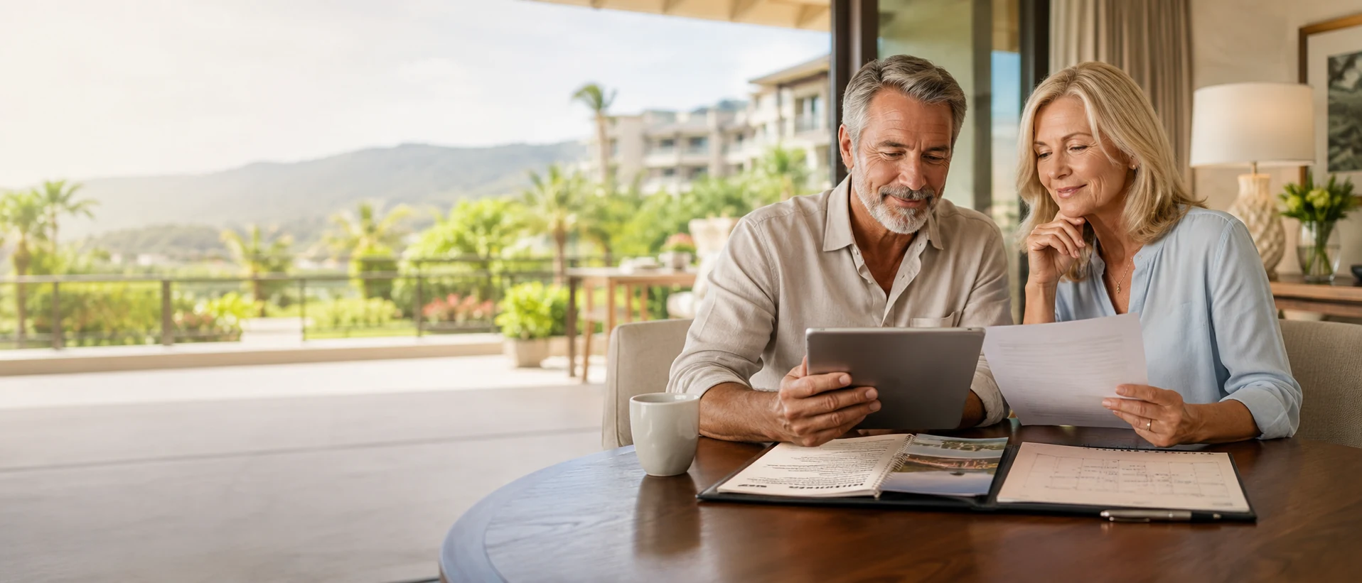 Couple reviewing timeshare ownership information on a tablet and documents while staying at a resort.