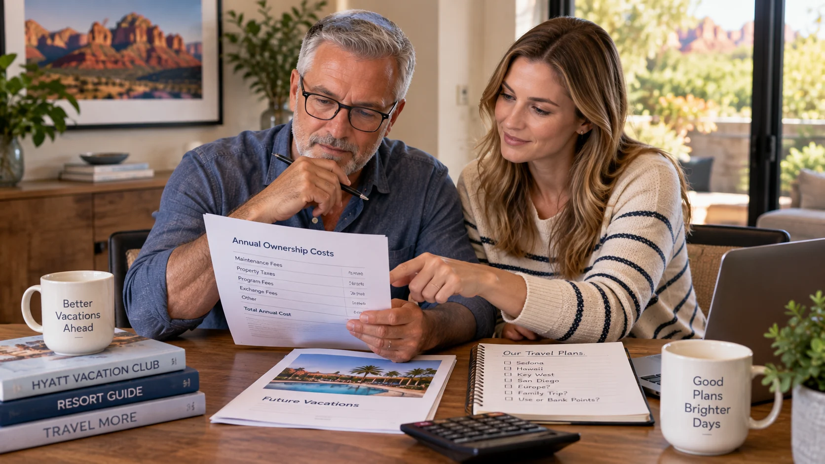 Longtime vacation owner reviewing annual ownership costs and future travel plans with an adult family member.