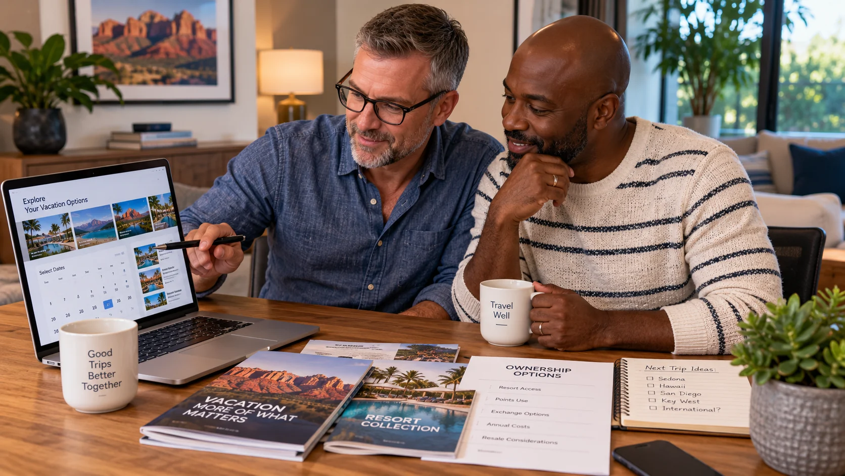 Gay male couple comparing vacation ownership options, resort access, and future travel plans at home.