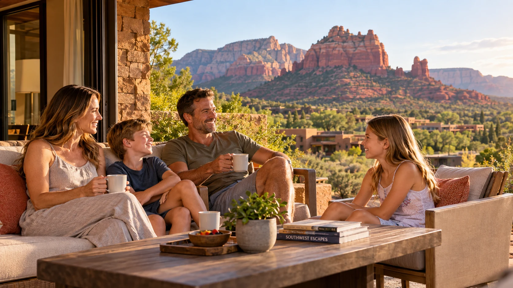 Family enjoying a villa-style vacation overlooking the red rock landscape of Sedona, Arizona.