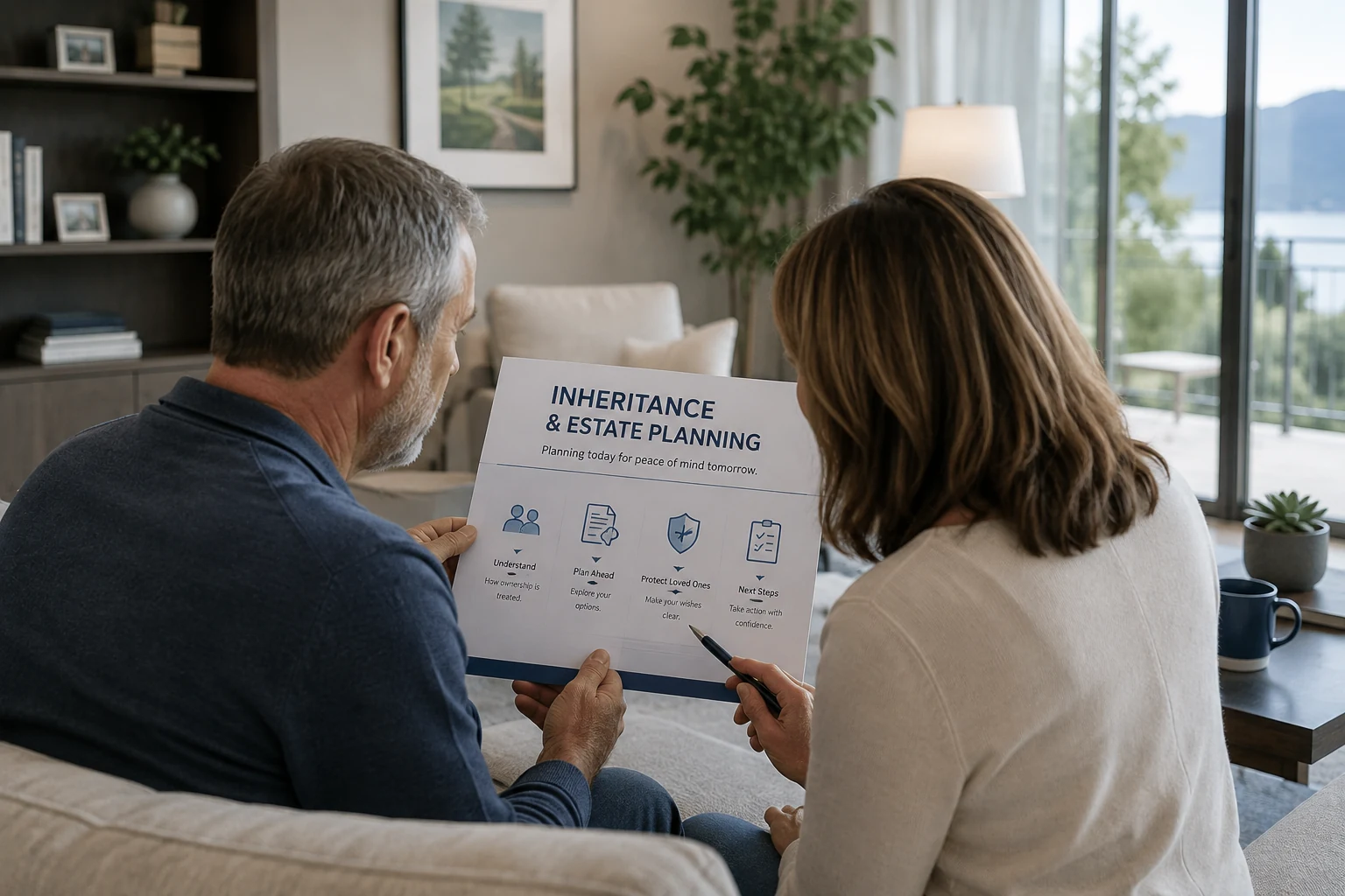 Couple reviewing inheritance and estate planning information related to a timeshare ownership.