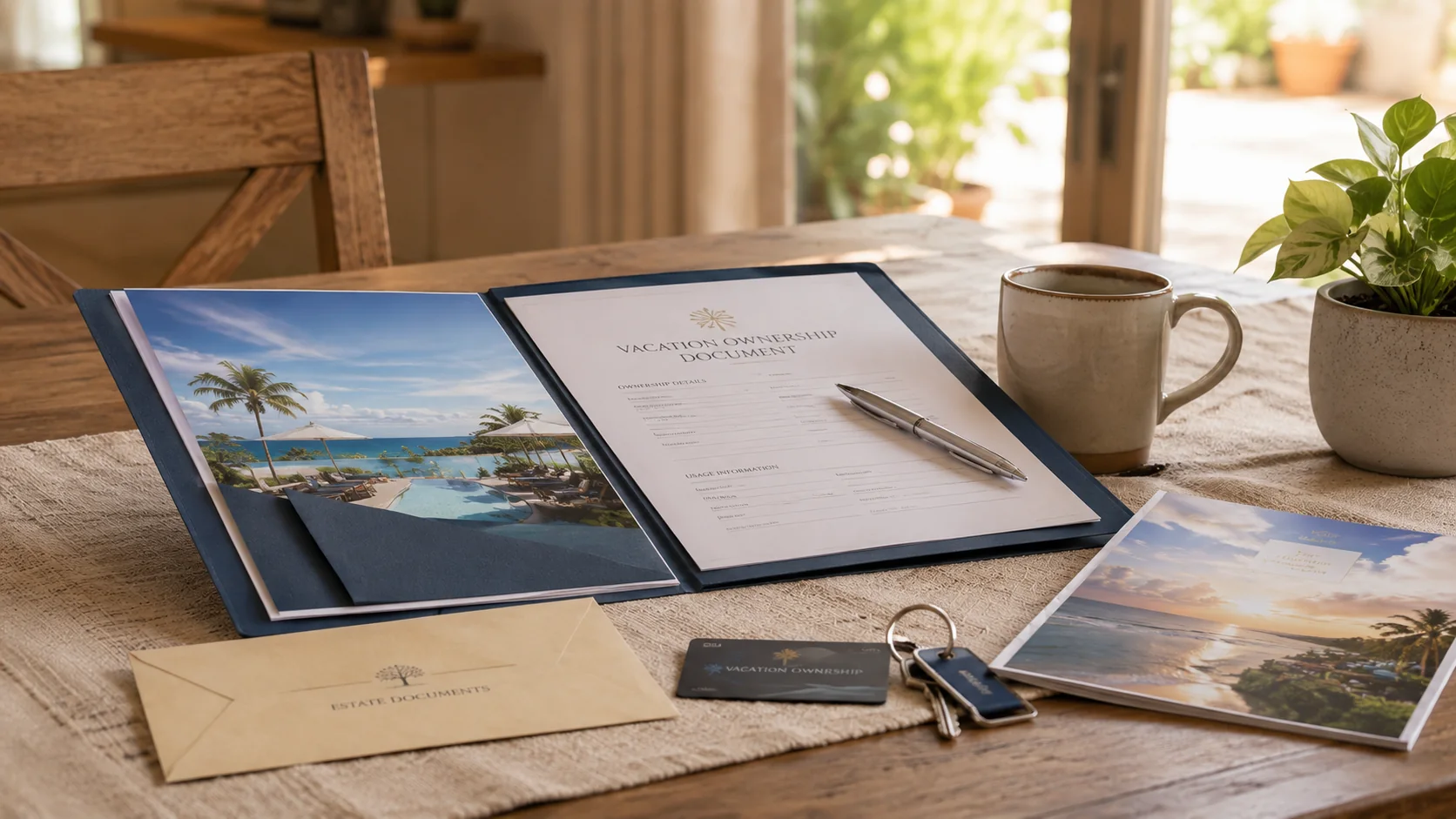 Timeshare ownership documents, estate paperwork, resort materials, keys, and membership information arranged on a table.