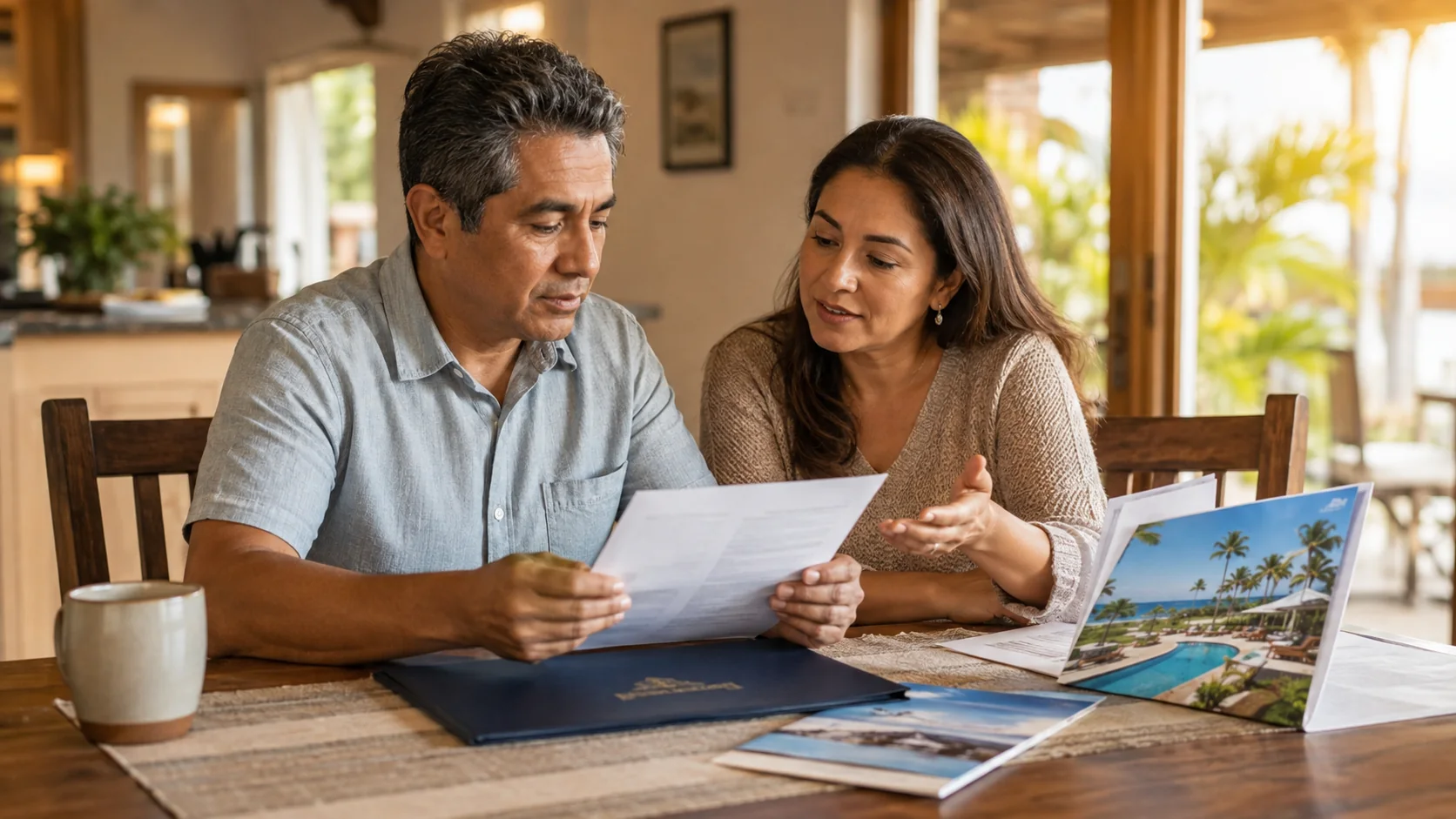 Latino couple reviewing inherited timeshare documents and resort information together at home.