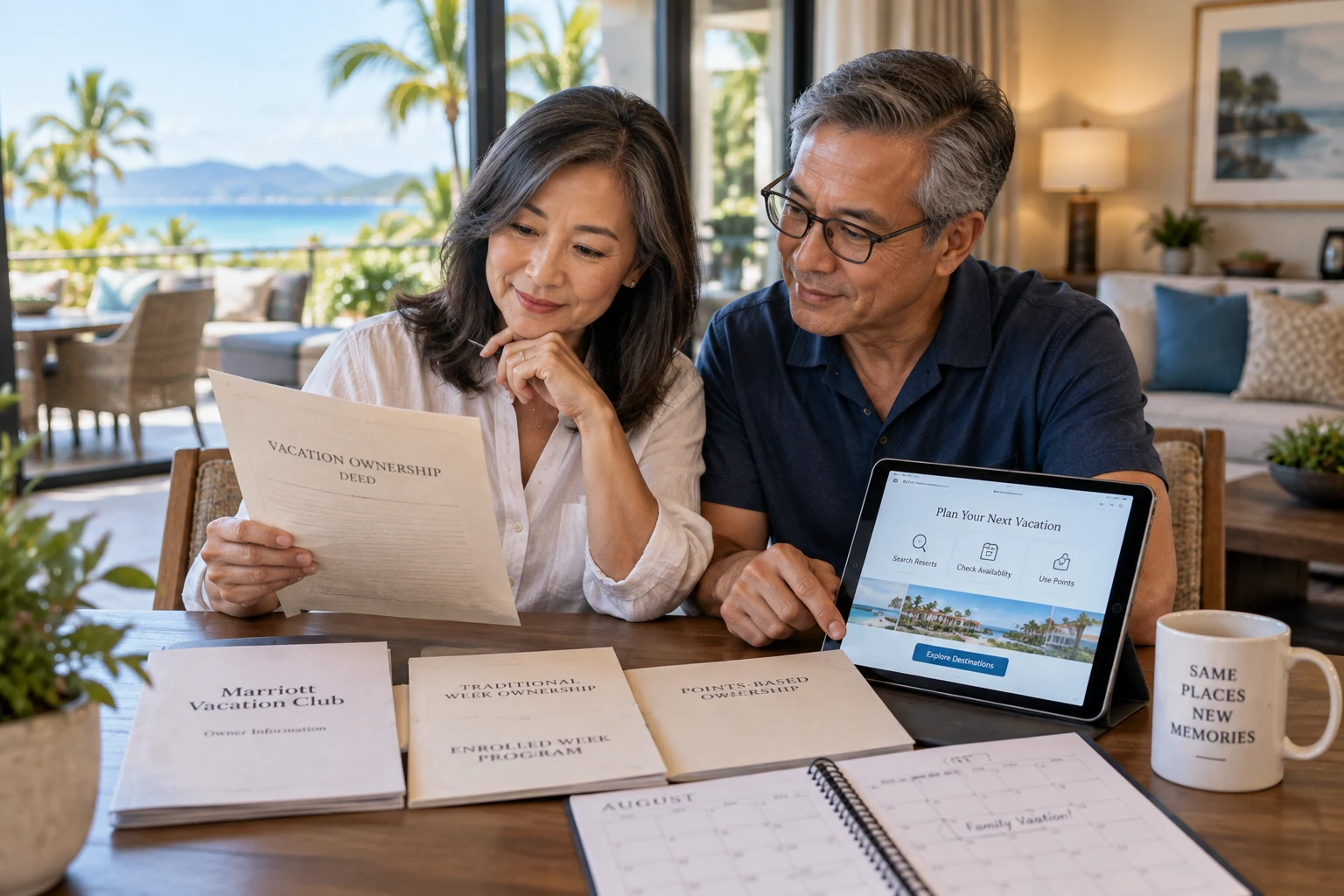 Longtime vacation ownership couple comparing traditional week documents with a modern points-based reservation system.