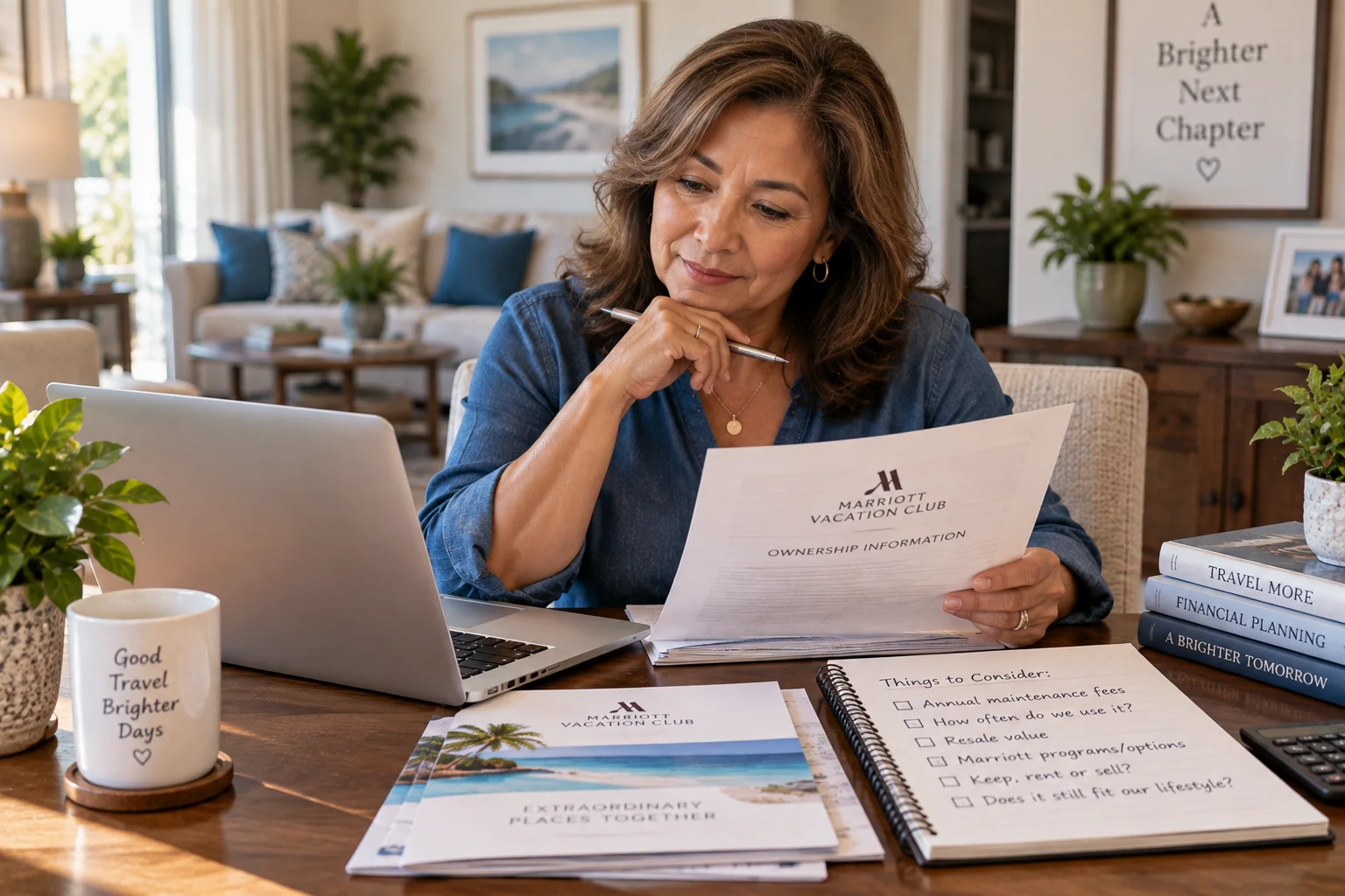 Longtime Marriott Vacation Club owner reviewing annual costs, resale value, and long-term ownership options at home.