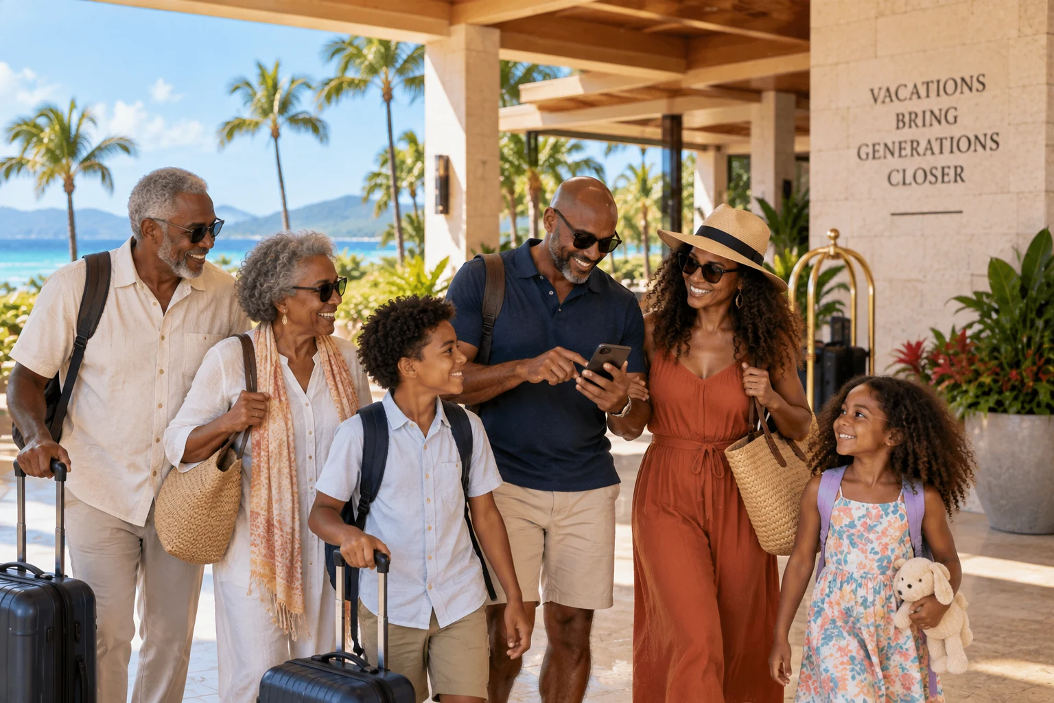 Multigenerational family arriving at an upscale vacation resort while reviewing their vacation reservation.