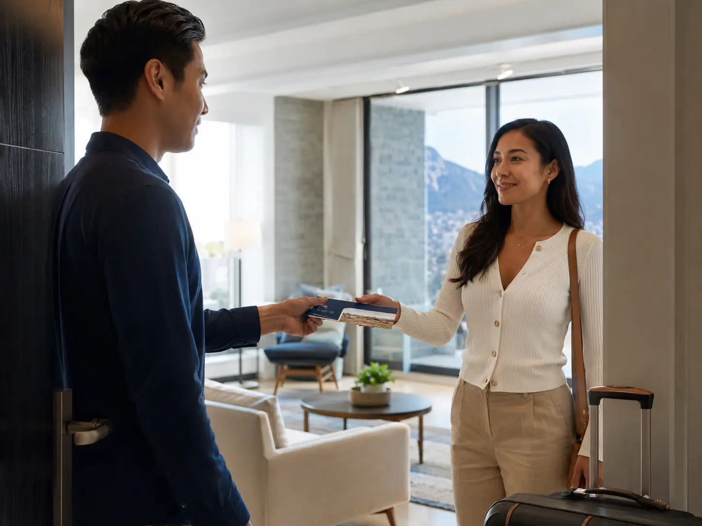 Traveler receiving a resort ownership packet at a vacation property, representing timeshare resale and transfer.