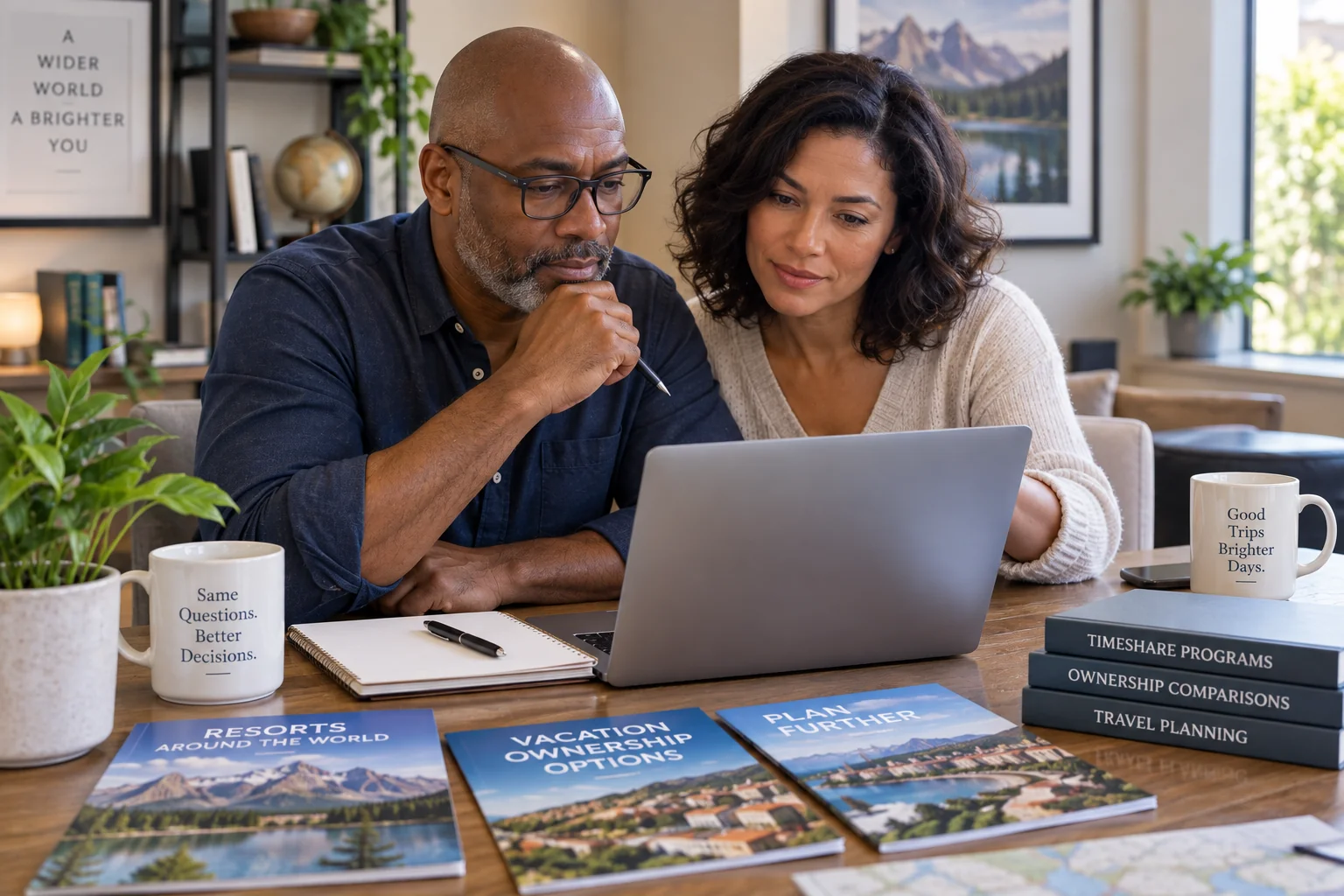 Diverse couple reviewing vacation ownership options, resort destinations, and timeshare program information together at home.
