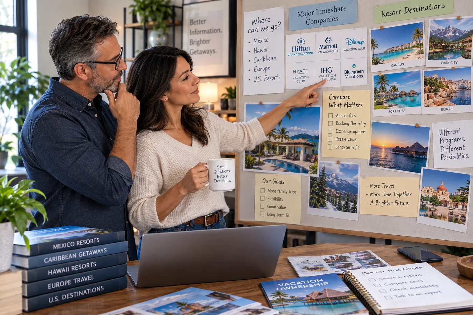 Vacation owners comparing timeshare companies and ownership options.