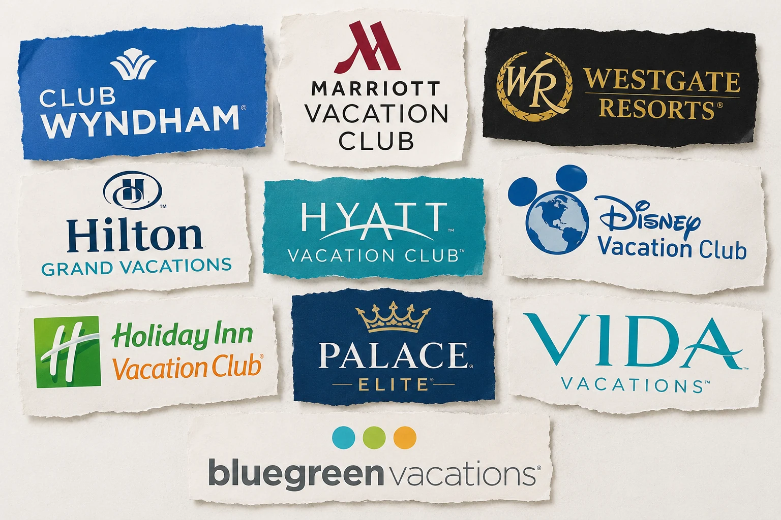 Collage of major timeshare and vacation ownership brands.