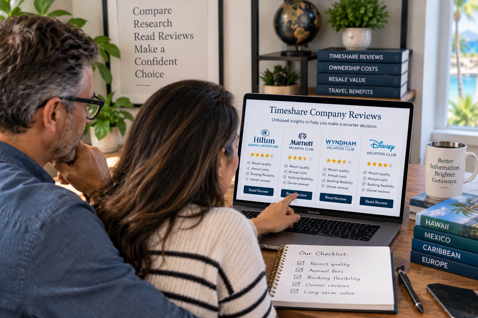 Couple researching major timeshare companies and comparing ownership costs, booking flexibility, resale considerations, and long-term value.