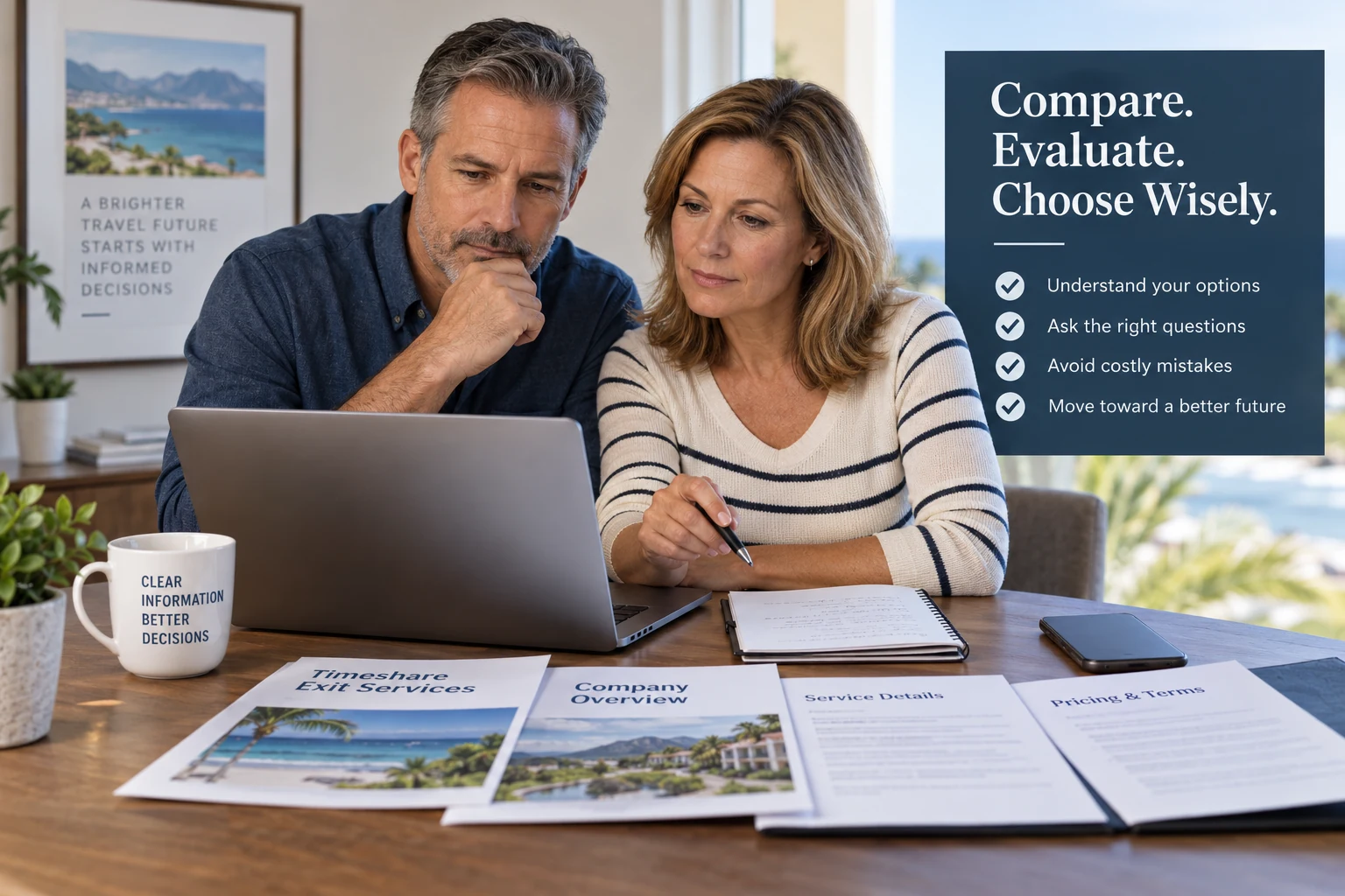 Couple comparing timeshare exit companies, service details, pricing, and options before choosing a provider.
