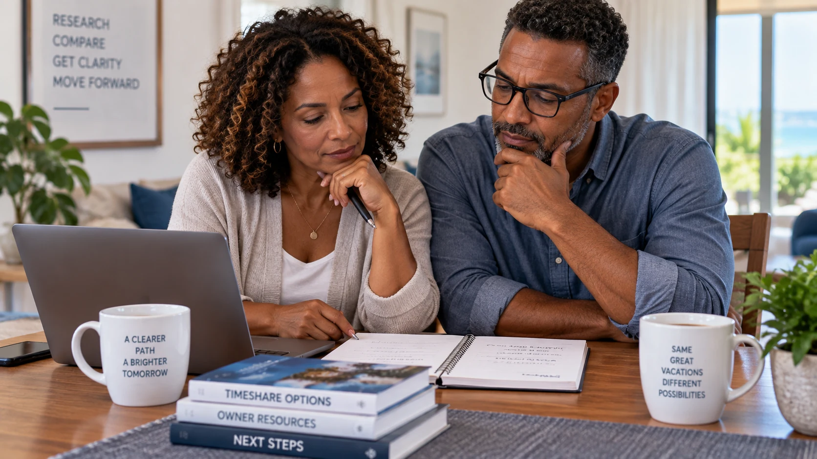 Couple comparing timeshare surrender, resale, transfer, and legal review options at home.