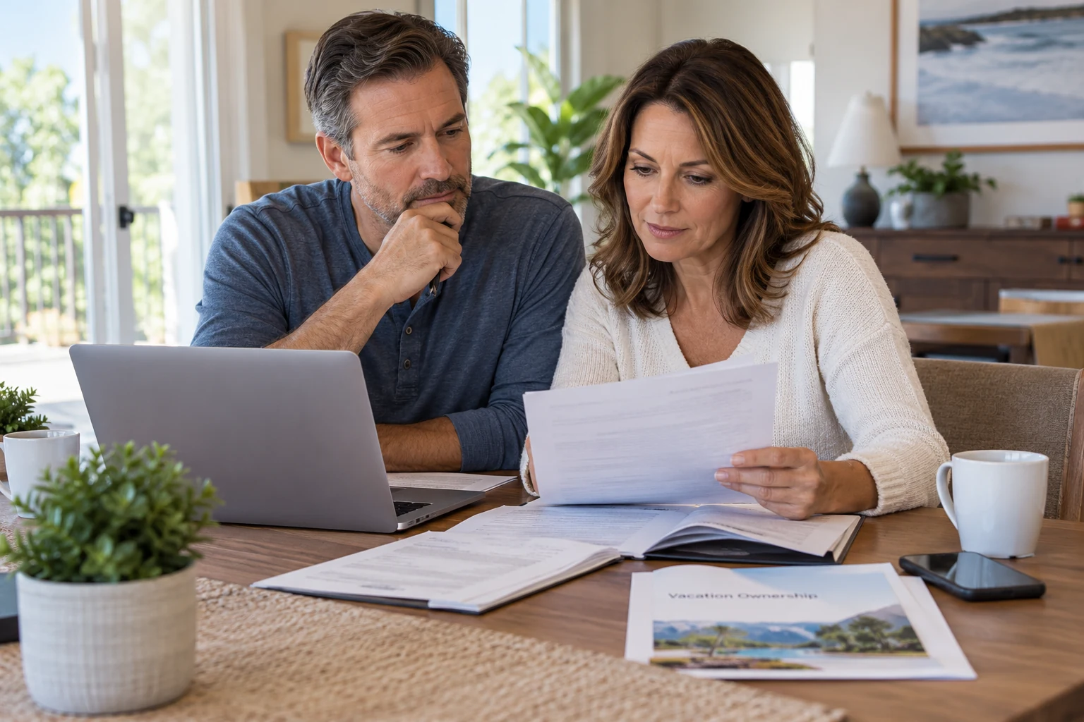 Couple reviewing timeshare ownership documents and exit options at home.
