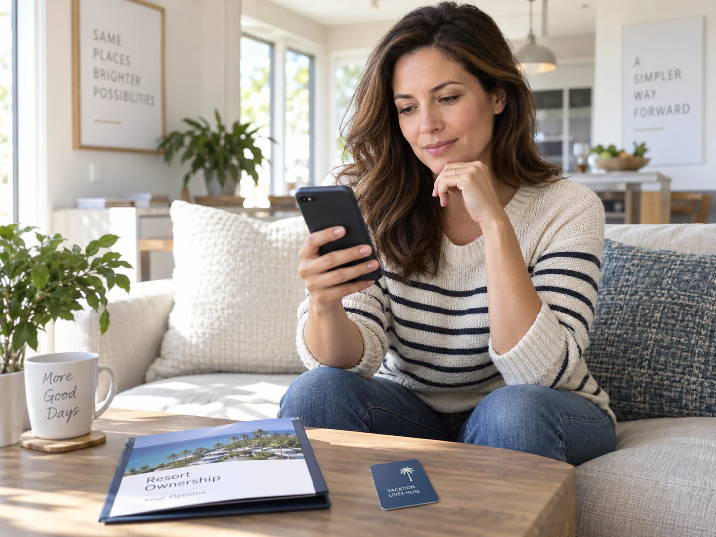 Timeshare owner reviewing resort ownership options on a phone at home.