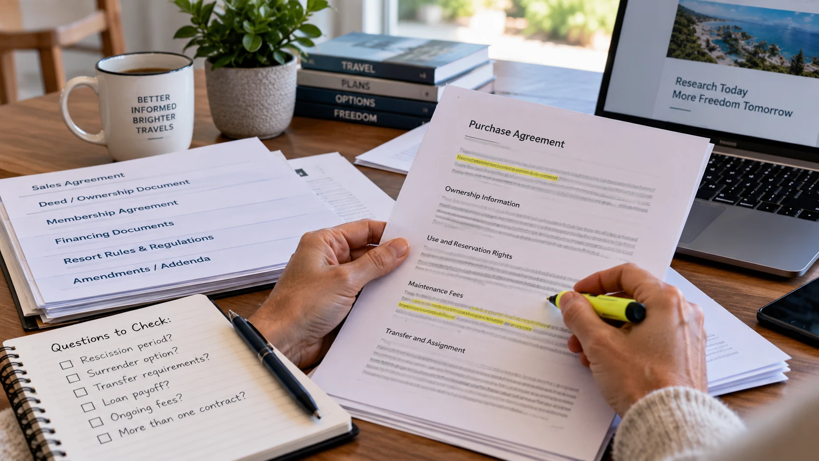 Timeshare owner reviewing a purchase agreement, financing documents, maintenance fees, and transfer terms.