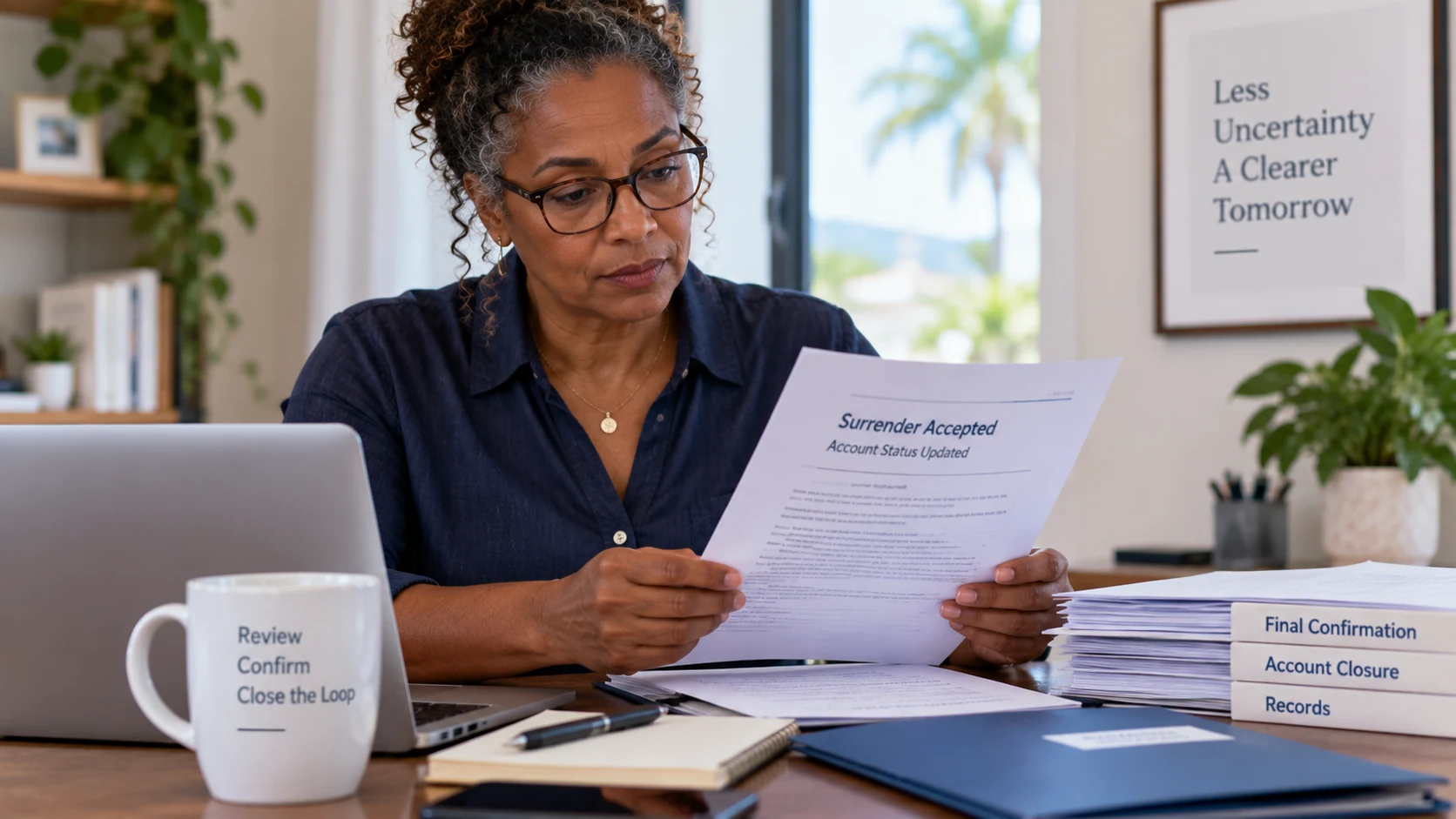 Timeshare owner reviewing written confirmation that a surrender was accepted and the account status was updated.