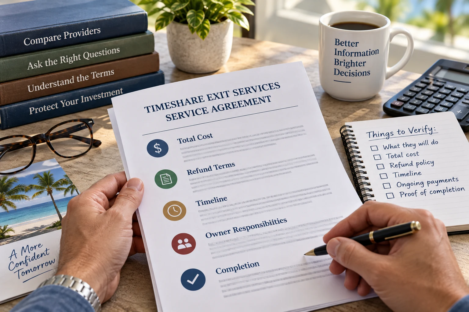 Timeshare exit service agreement showing total cost, refund terms, timeline, owner responsibilities, and proof of completion.