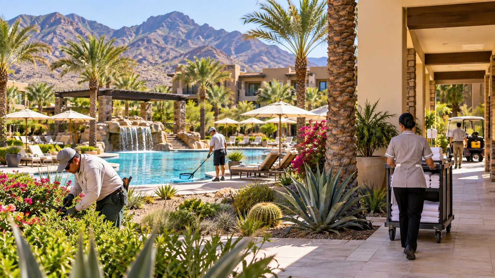 Resort staff maintaining landscaping, pool areas, guest facilities, and housekeeping operations at a desert timeshare resort.