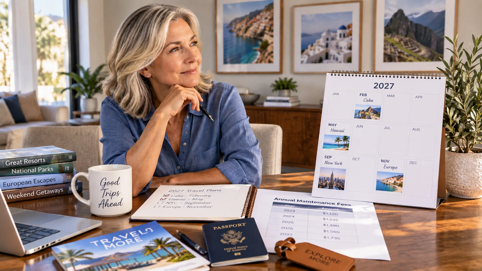 Timeshare owner comparing rising annual maintenance fees with her future vacation plans and travel priorities.