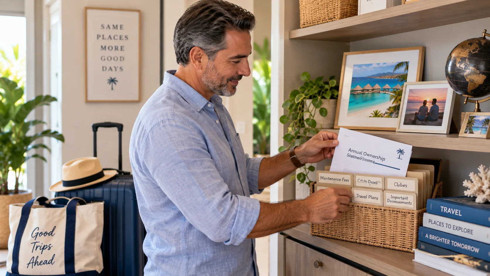 Timeshare owner organizing an annual ownership statement alongside travel documents and vacation memories at home.