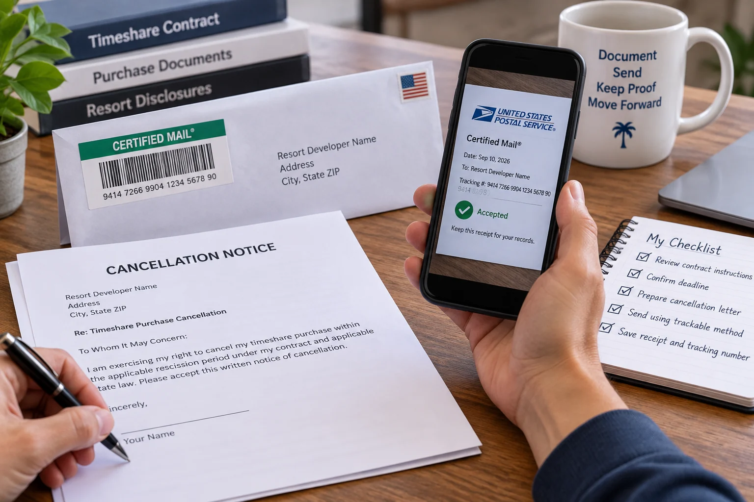 Timeshare buyer preparing a cancellation notice and preserving proof of mailing during the rescission period.