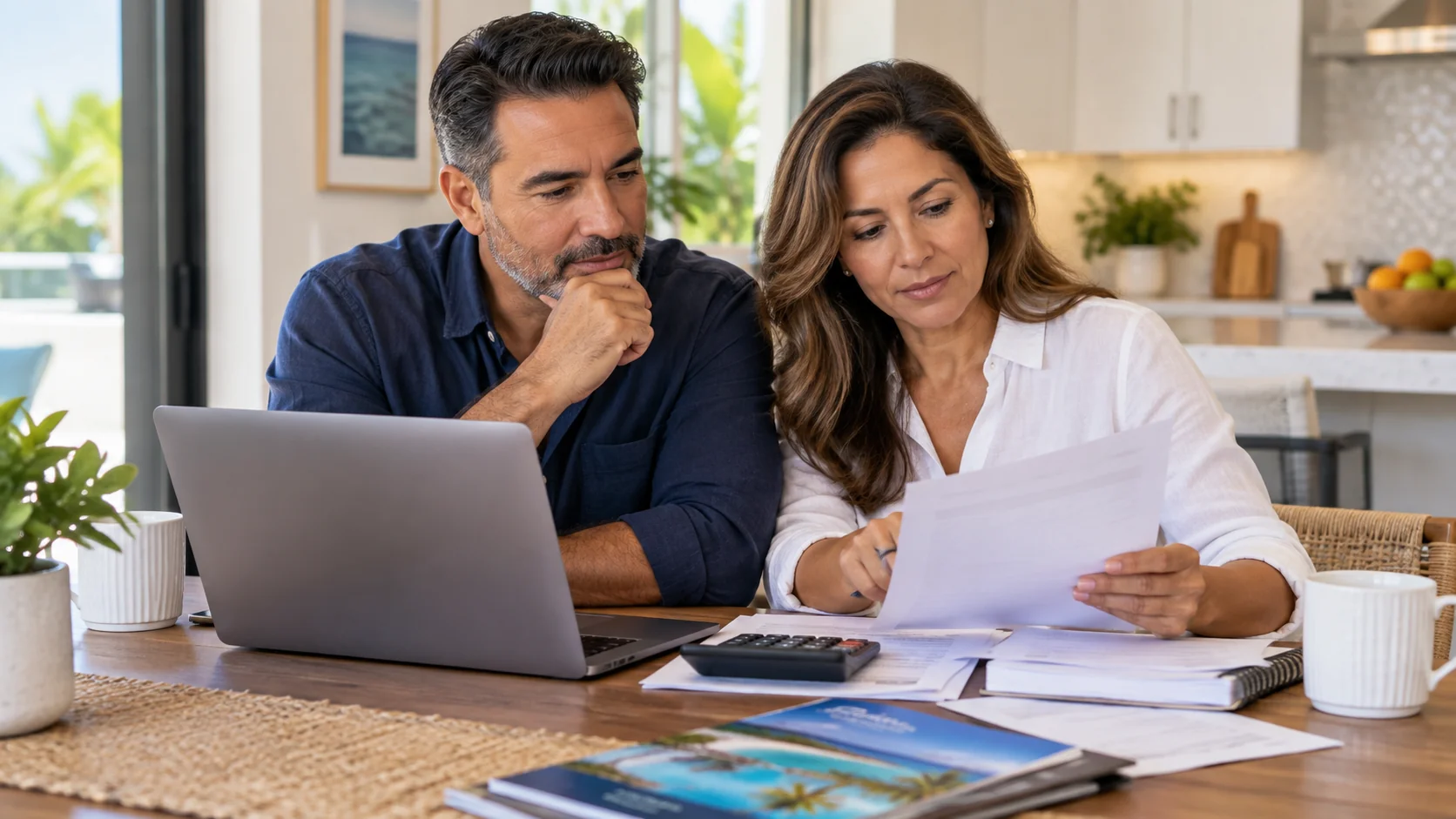 Middle-aged couple reviewing timeshare purchase documents, financing, and ownership costs at home.