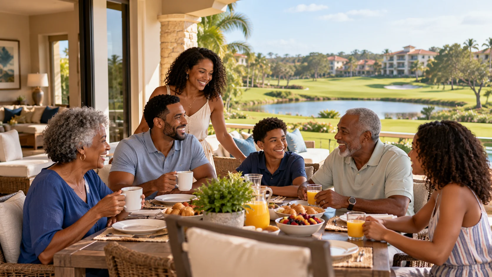 Multigenerational family enjoying breakfast together at a spacious golf resort villa.
