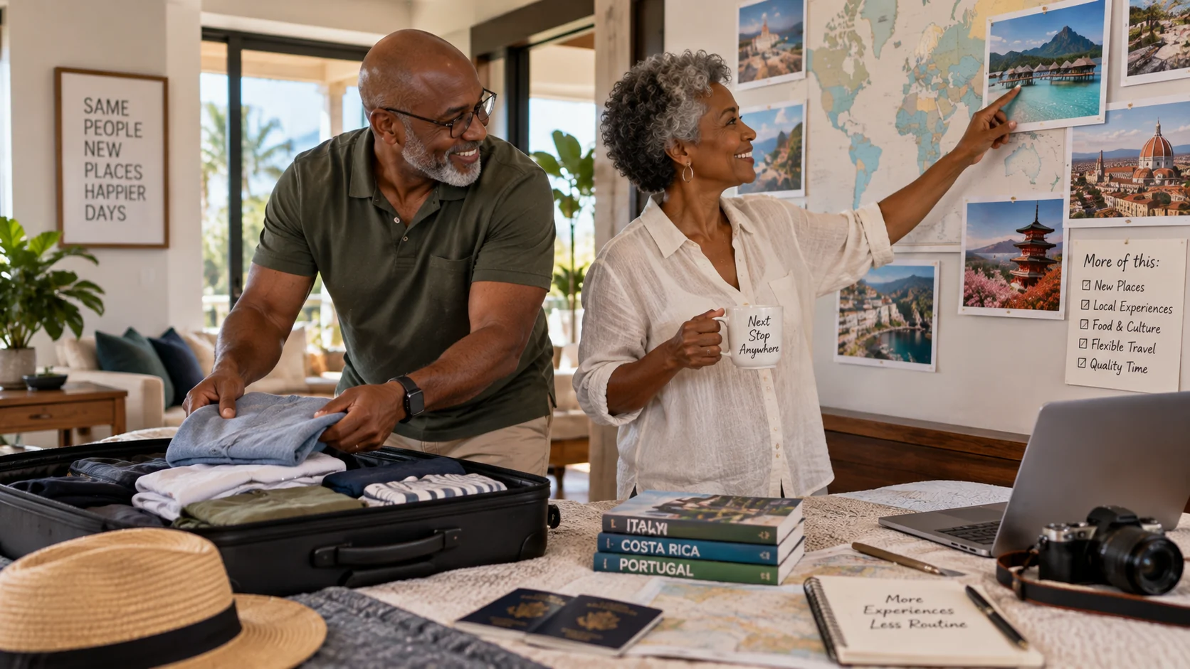 Older Black couple packing for a trip while considering new destinations and changing travel priorities.