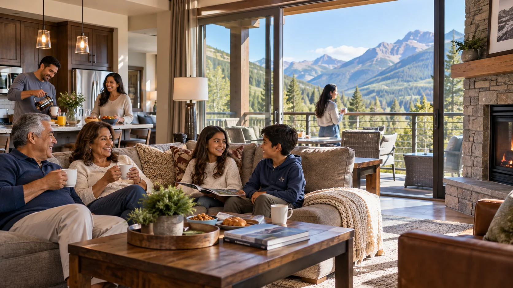 Multigenerational Latino family enjoying time together in a spacious mountain resort villa.