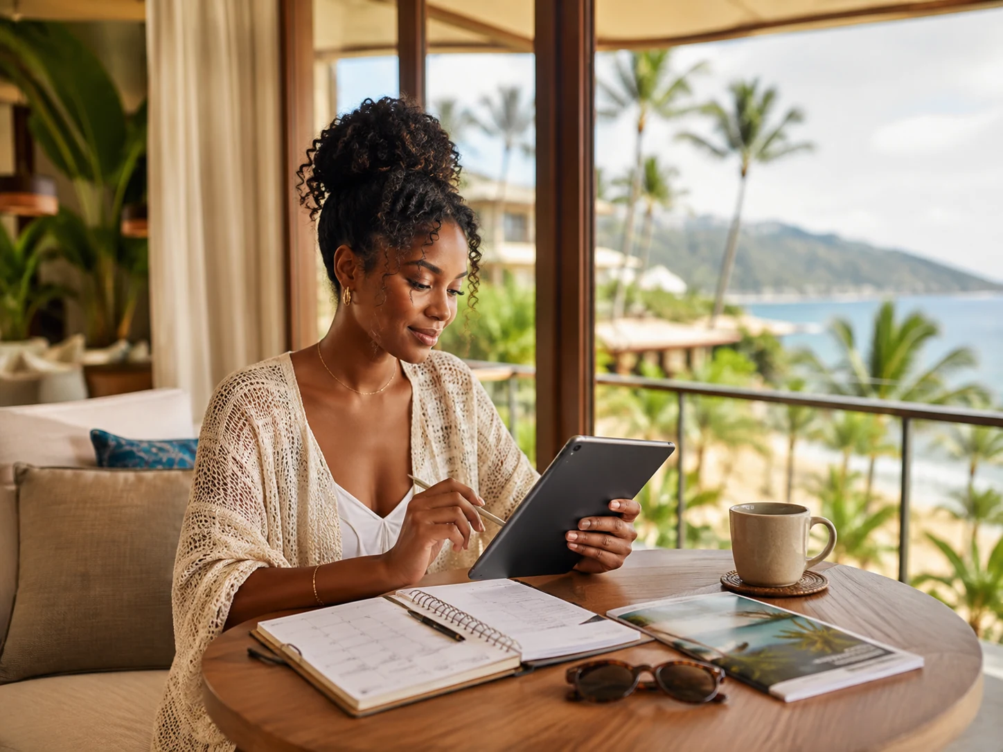 Traveler using a tablet and calendar to plan a resort stay and review vacation dates.