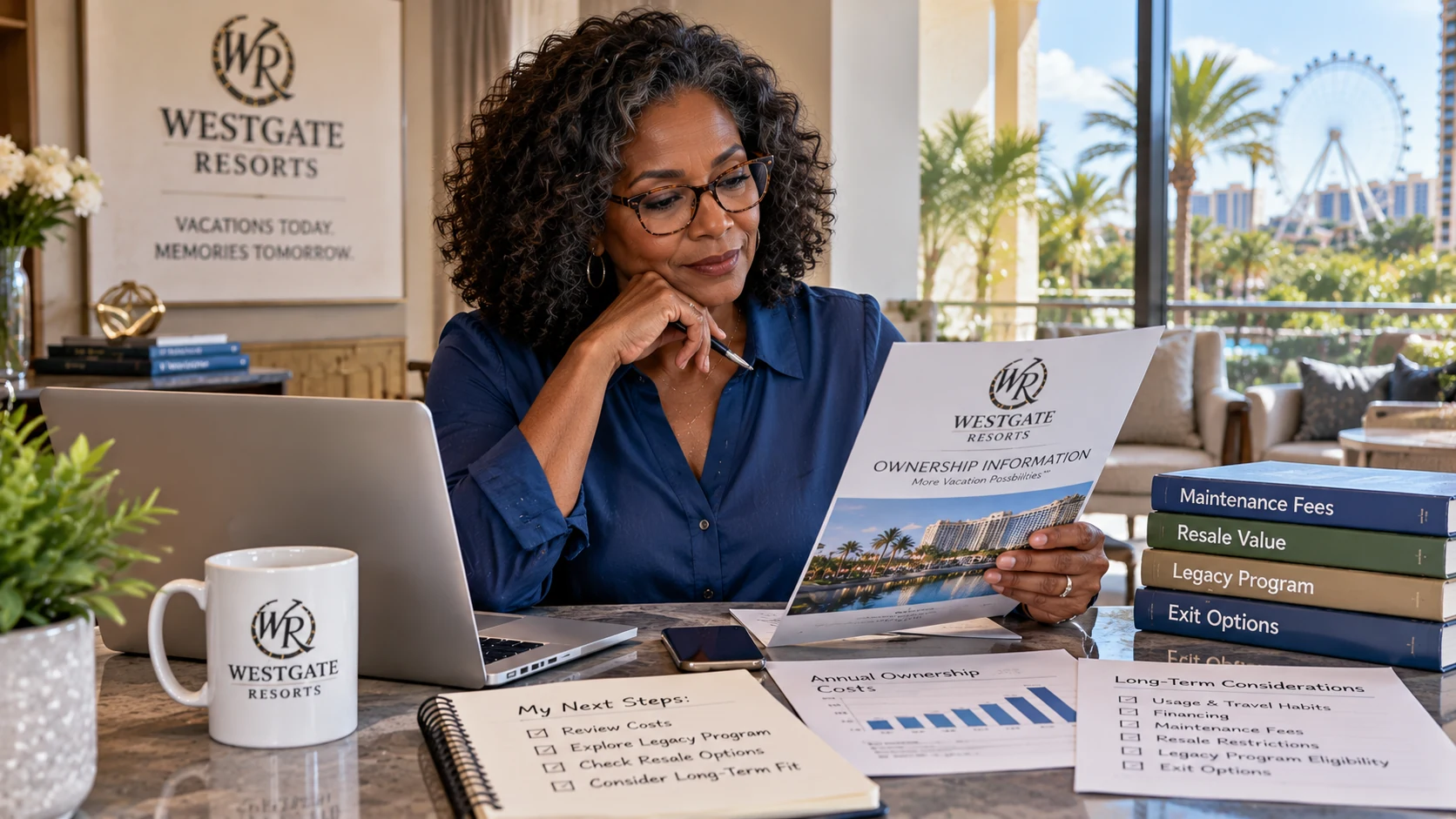 African American woman reviewing Westgate timeshare ownership costs, resale value, Legacy Program options, and long-term considerations.