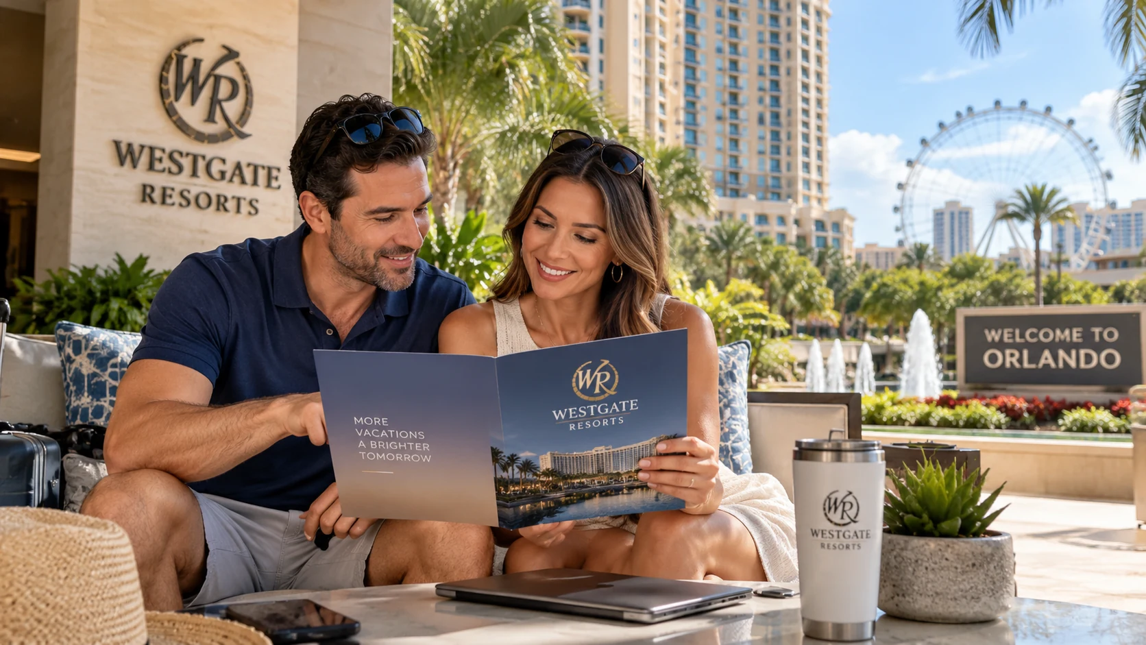 Couple in their early 40s reviewing Westgate timeshare ownership information at an Orlando resort.