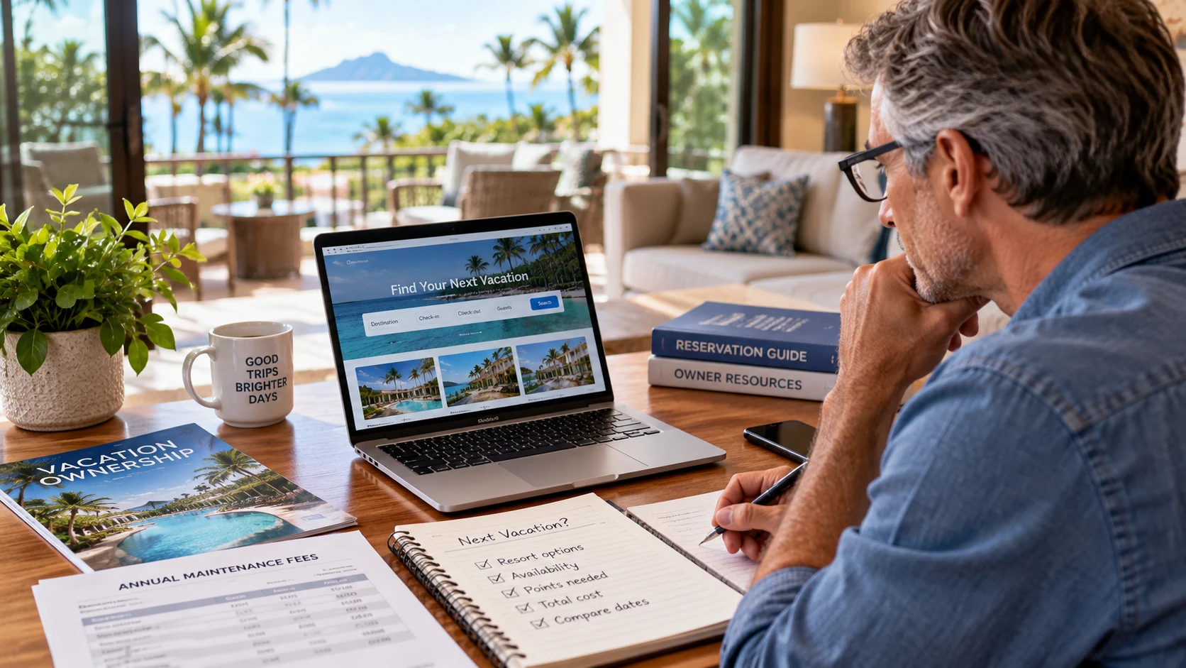 Timeshare owner reviewing resort availability, reservation options, points requirements, and annual maintenance fees while planning a vacation.