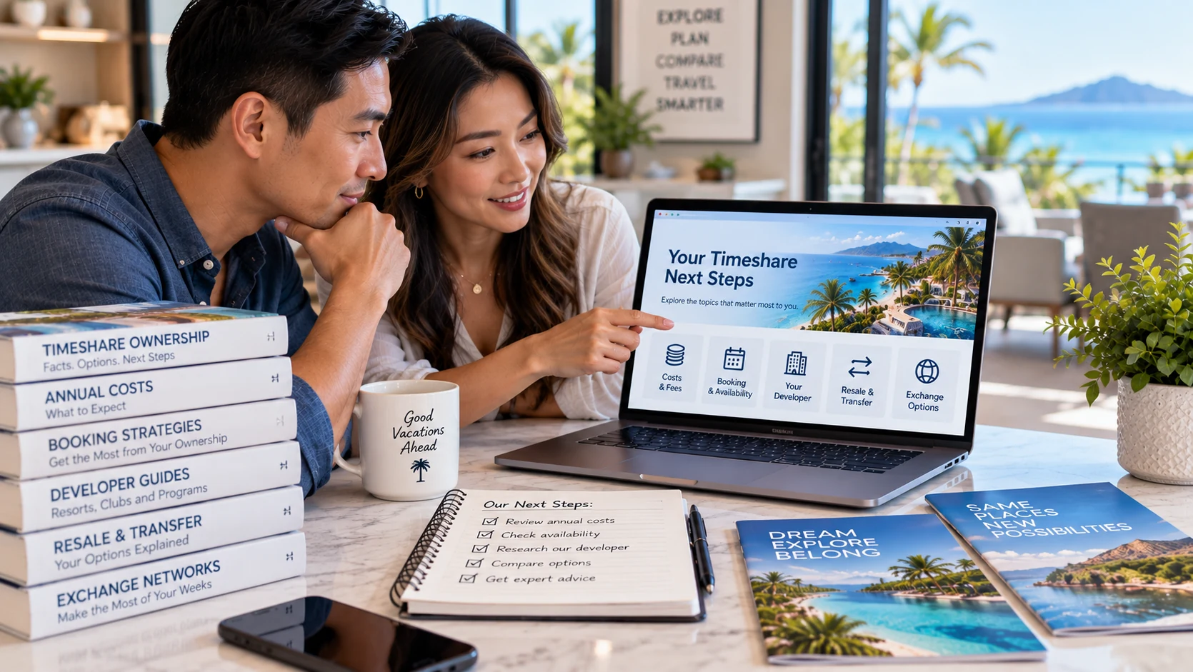 Asian American couple in their 30s reviewing timeshare costs, booking, developer information, resale, transfer, and exchange options on a laptop.
