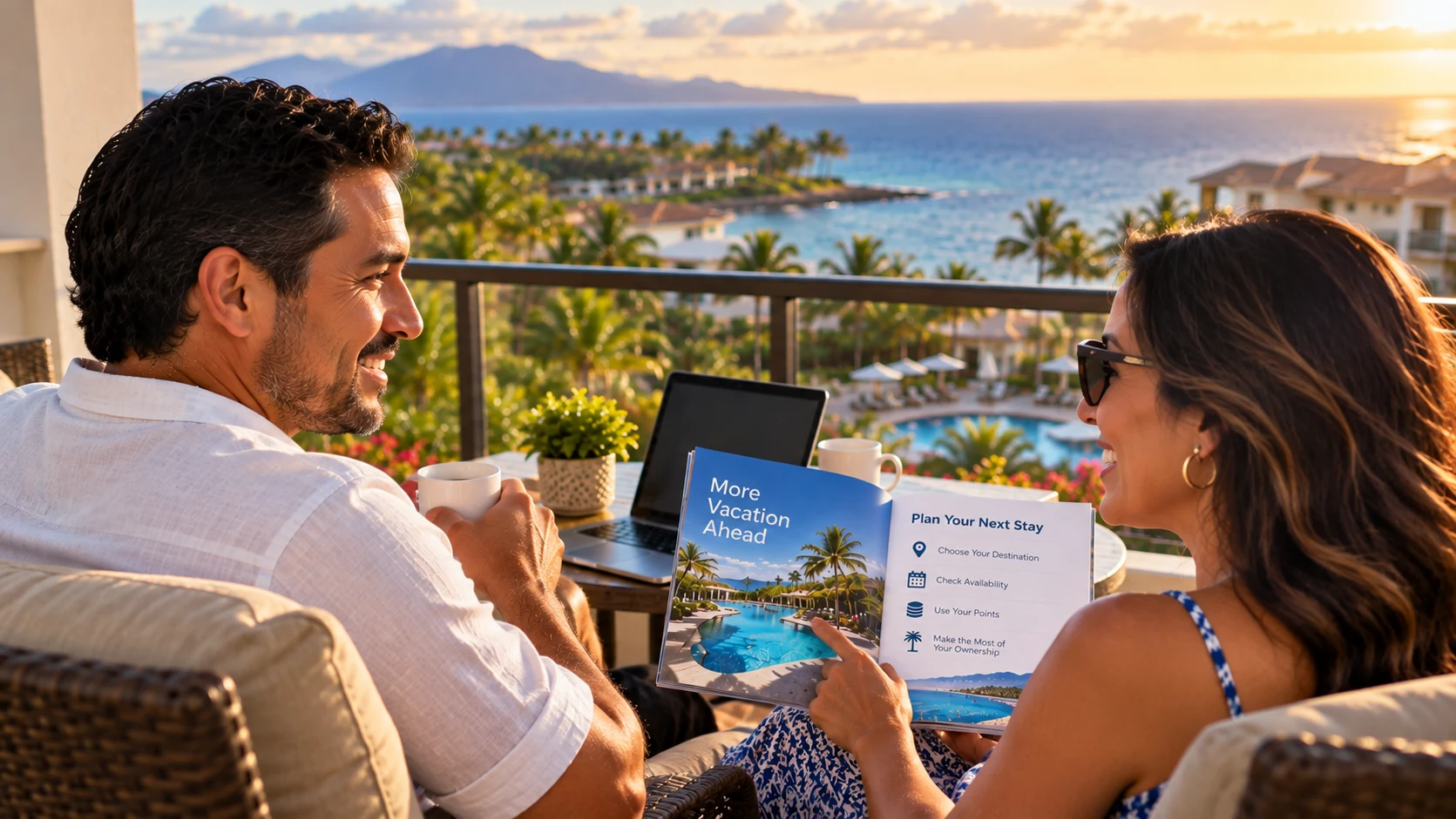 Latino couple reviewing vacation plans and timeshare ownership benefits on a resort balcony overlooking the ocean.